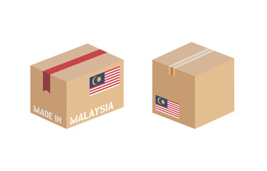 box with Malaysia flag icon set, cardboard delivery package made in Malaysia