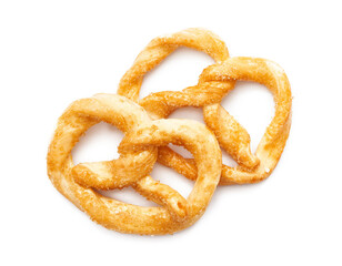 top view or flat lay two pretzel isolated on white background.                                                                     