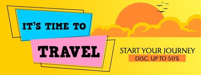 travel agency promotion banner design. yellow background with clouds illustration