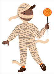 Child dressed as a mummy for Halloween. Colorful vector illustration in flat style. Children's scary costume party.