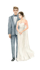 Wedding illustration. White bridegroom and white bride. Watercolor drawing highlighted on white background.