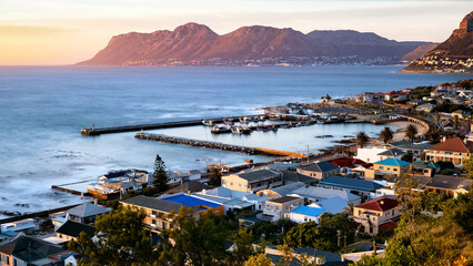 Naklejka premium Sunrise view of Kalk Bay Harbour and False Bay. Cape Town, South Africa.