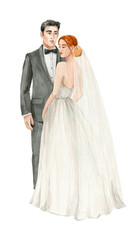 Wedding illustration. White bridegroom and white bride. Watercolor drawing highlighted on white background.