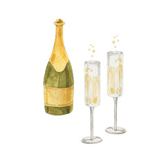 Glasses and a bottle of champagne. Isolated object on a white background. Hand-drawn watercolor illustration.