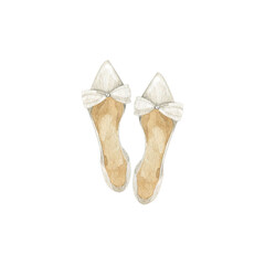 White wedding shoes of the bride. Isolated object on a white background. Hand-drawn watercolor illustration.