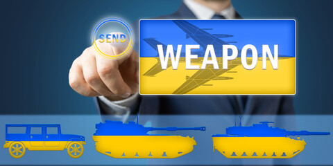 Official person or politician man in the suit pushes button send weapon, ukrainian flag, support of Ukraine