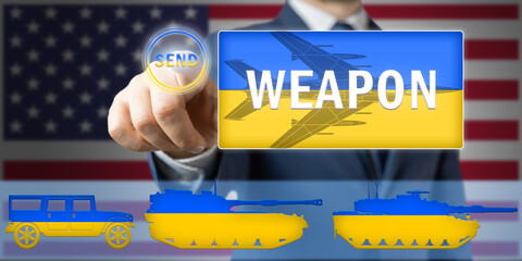 Official person or politician man in the suit pushes button send weapon, ukrainian flag, support of...