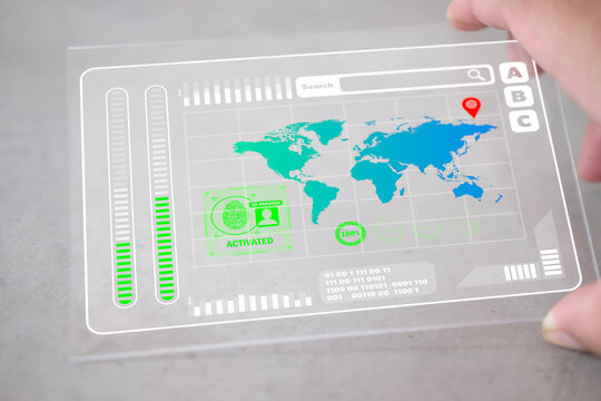 Man holding transparent tablet with futuristic hud screen for find human for location, data or activated user.