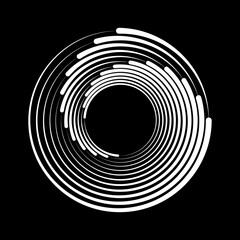 Speed lines in spiral form. Geometric shape. Segmented circle. Vector illustration. Monochrome background. Design element for prints, web, tattoo, template, presentation, logo and textile pattern