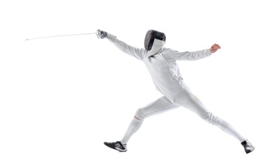 Fototapeta na wymiar Dynamic portrait of young man, fencer in in fencing costume with sword in hand training isolated on white studio background. Sport, energy, skills