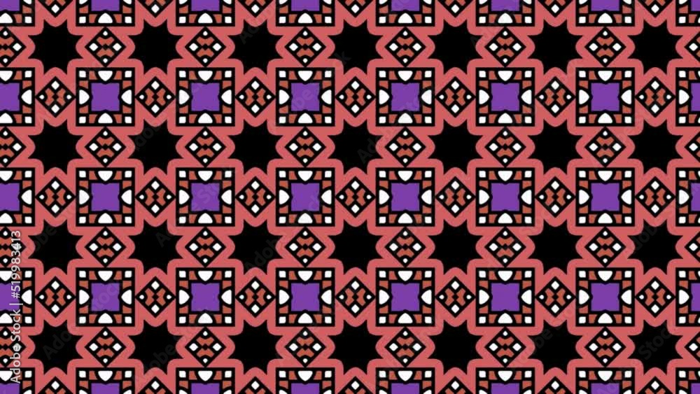 Poster a colorful seamless pattern animation consisting of geometrical figures and starlike shapes