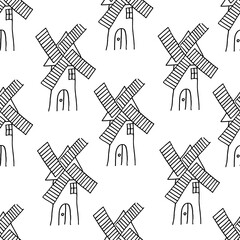 Seamless pattern of russian rustic mill. Set of old wooden windmill.