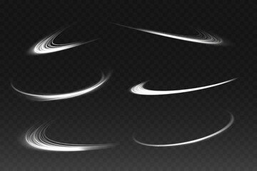 Set of Abstract light lines of movement and speed with white color sparkles. Light everyday glowing effect. semicircular wave, light trail curve swirl, car headlights, incandescent optical fiber png.