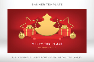 Golden Xmas spruce Merry Christmas congratulations red web banner template realistic 3d icon vector