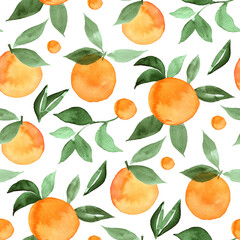 Oranges and leaves. Watercolour seamless pattern.