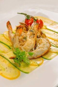 Grilled Black Tiger Prawns On Zucchini Carpaccio