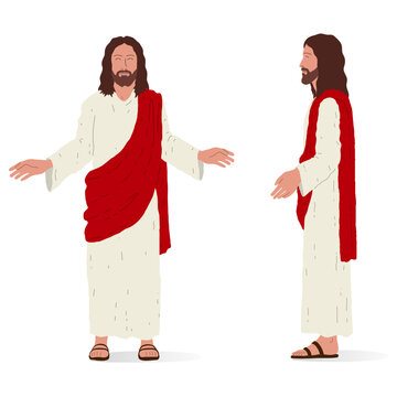 Jesus standing, front and side view. Isometric vector illustration, isolated figure.