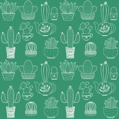 seamless background, illustrations with the image of a cactus. A set of hand-drawn cactus outlines. Elements of the nature of cactus plants