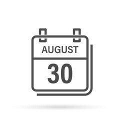 August 30, Calendar icon with shadow. Day, month. Flat vector illustration.