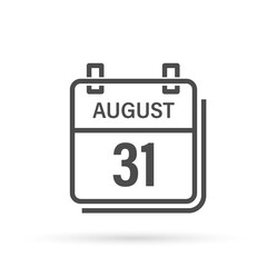 August 31, Calendar icon with shadow. Day, month. Flat vector illustration.
