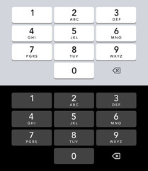 Smartphone keyboard. Mobile phone white and black screen keypad entry set. Vector isolated mockup for cell phone. Light and dark buttons with numbers for device vector illustration.