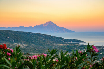 Beautiful Athos mountain at sunset in Greece