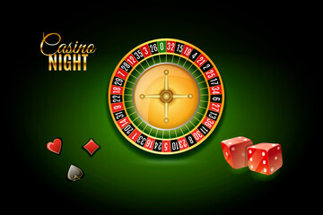 Casino banner. Poker. Gambling.Casino poster.Red dice and various chips on a shiny green background.Casino banner on light background. Business illustration. Glowing vector banner design.