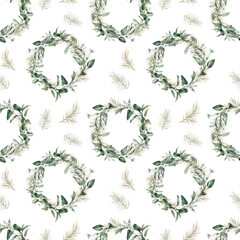 Watercolor Christmas tree branches seamless pattern. Hand painted texture with fir-needle natural elements on white background. Winter wallpaper