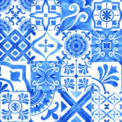 Tapeten Sammlung portugiesischer Azulejo-Fliesen. Blaues und weißes wunderschönes nahtloses Muster. © liliia_sinhina