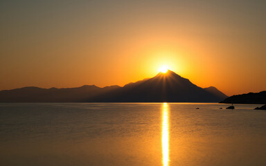 Beautiful Athos mountain at sunset in Greece