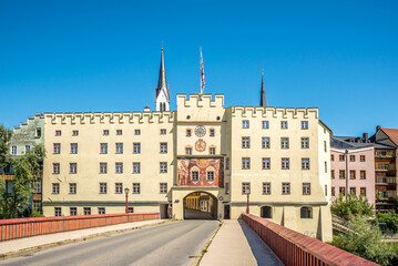 View at the Brucktor Gate from Red bridge over Inn river in  Wasserburg am Inn, Germany