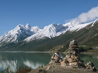 Scenic beauty of snow-capped mountains and mani stones piles