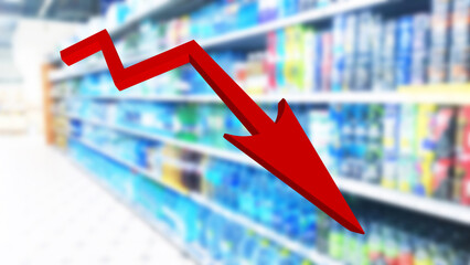 Red sign of arrow down on abstract blur supermarket background. Bar charts and graph. Rising food price. Inflation concept. Retail industry. Grocery chain. Market. Shopping. Sales declining. Recession