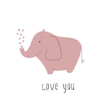 cute elephant with hwarts, vector love clipart, holiday illustration