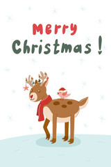 Obraz na płótnie Canvas Christmas deer in new year scarve card. Cute winter deer animal card. Cartoon character print. Stock vector illustration on a snow background.