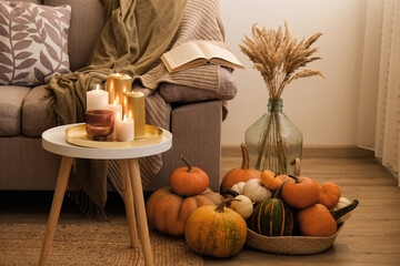 Bunch of pumpkins of different kinds, shapes and colors on the floor and a table, open book and cup of coffee. Symbol of autumnal holidays with a lot of copy space for text, close up, background.