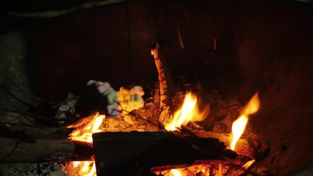 roating mashmallow candy on the firewood heat while camping in autumn winter time