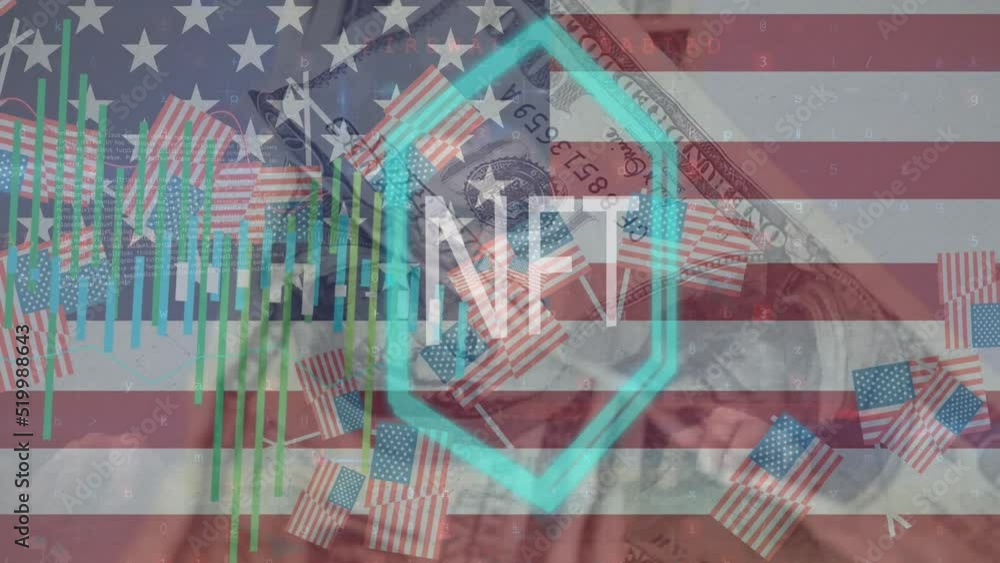 Poster animation of nft text and data processing over flag of usa and banknotes