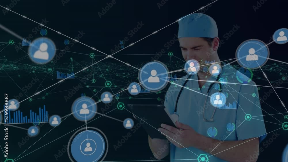 Aufkleber animation of profile icons connecting with lines over caucasian doctor using digital tablet