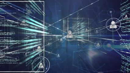 Animation of digital lines connecting people icons over programming database - Powered by Adobe