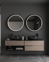 Dark bathroom interior with concrete floor, black bathtub and oval mirrors, double sink, side view. Minimalist black bathroom with modern furniture. 3d rendering