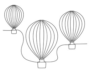 Continuous line drawing of flying three hot air balloons. Vector illustration