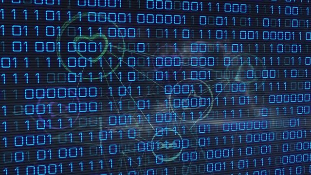 Animation of binary coding over media icons on black background