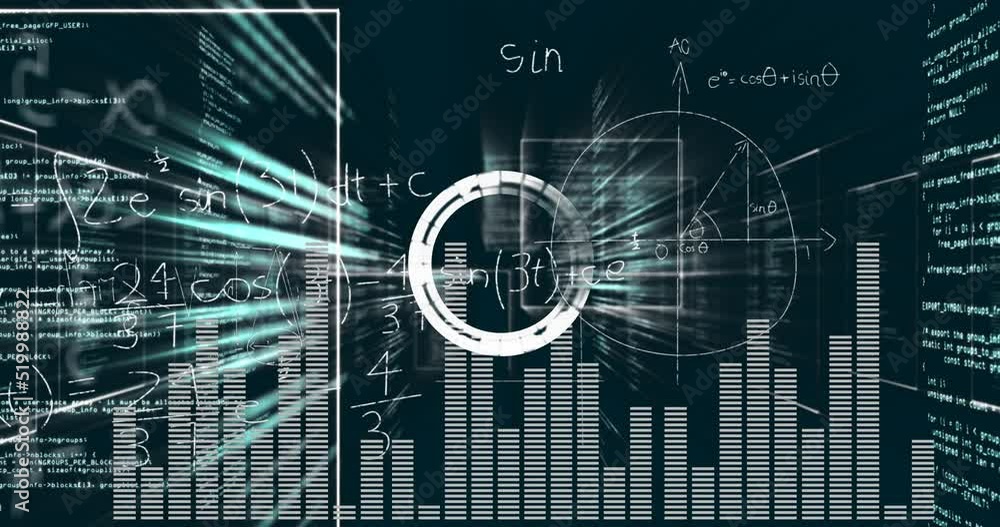 Poster animation of math formulas, graphs and circles on black background