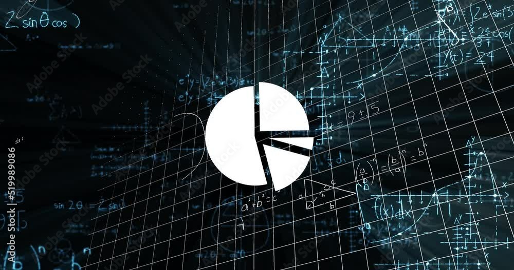 Poster animation of digital screen with scientific data, graphs and math formulas on black background