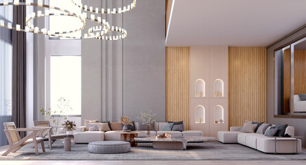3d rendering,3d illustration, Interior Scene and  Mockup,living room interior duplex,high ceilings contemporary furnishings style.