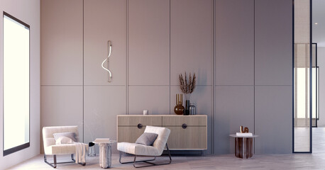 3d rendering,3d illustration, Interior Scene and  Mockup,armchair and sideboard render interior 3d.