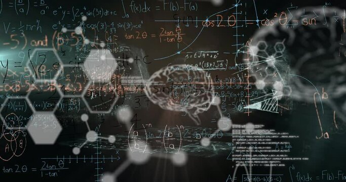Animation of digital screen with scientific data, brain and math formulas on black background