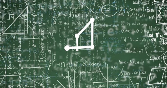 Animation of digital screen with scientific data, graphs and math formulas on green background