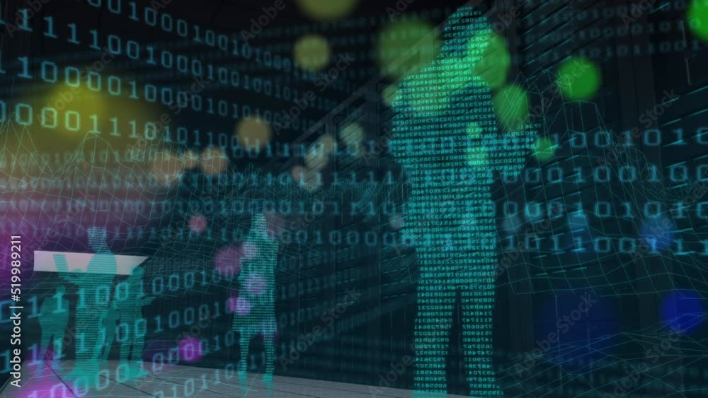 Poster animation of binary code, human silhouettes and lights moving over black background
